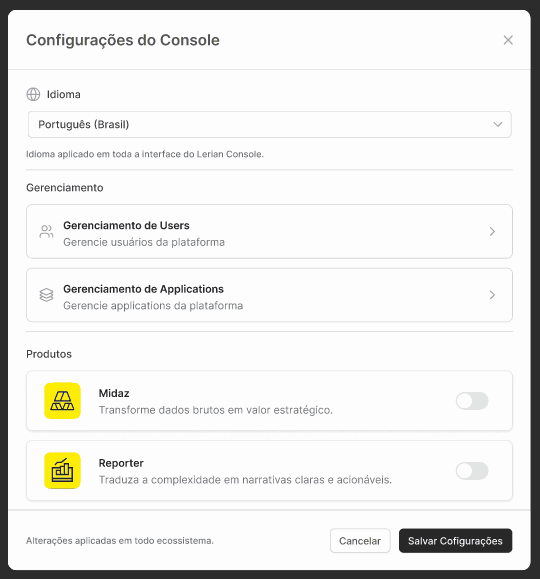 Modal de Configurações do Console
