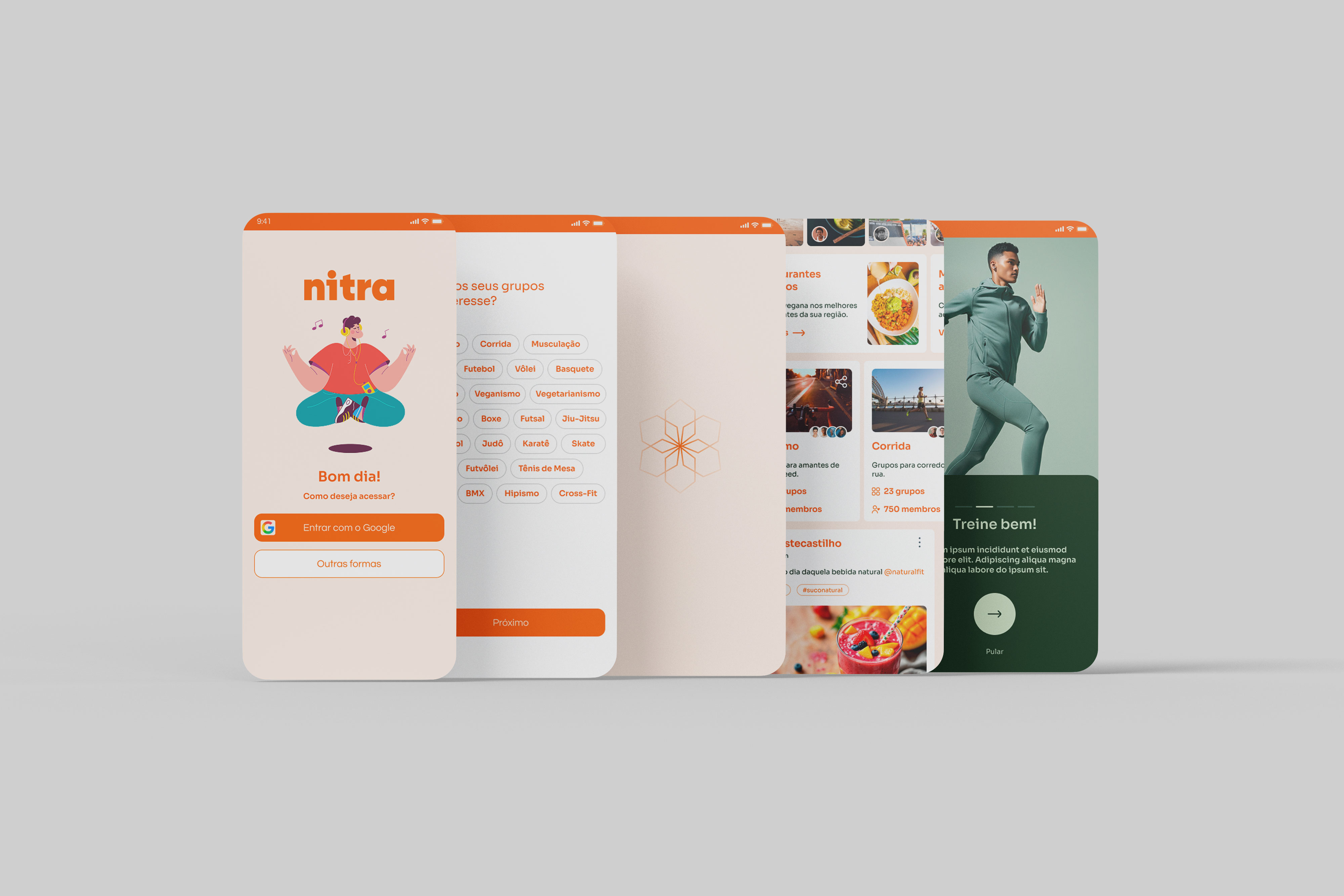 Nitra — telas do app: login, onboarding, grupos e feed